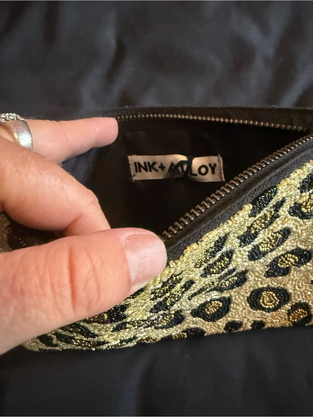 Beaded Leopard Print Zip Pouch - Black & Tan